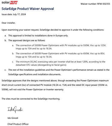 SolarEdge Product Waiver Approval document
